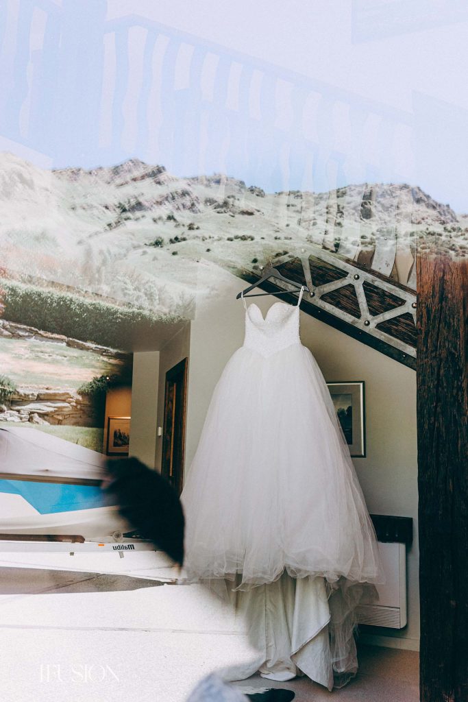 A bridal gown captured during the getting-ready moments